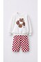 Girl's Cat Printed Ecru Sweatshirt and Red Checkered Patterned Sweatpants Set - 3