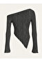 Anthracite Asymmetric Collar One-Shoulder Long Sleeve Women's Blouse Ribbed Pointed Cut Stylish Blouse - 6