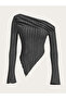 Anthracite Asymmetric Collar One-Shoulder Long Sleeve Women's Blouse Ribbed Pointed Cut Stylish Blouse - 3