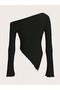 Black Asymmetrical Collar One Shoulder Long Sleeve Women's Blouse Ribbed Pointed Cut Stylish Blouse - 2