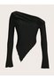 Black Asymmetrical Collar One Shoulder Long Sleeve Women's Blouse Ribbed Pointed Cut Stylish Blouse