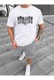 Men's White Nyc Printed 100% Cotton T-Shirt Gray Shorts Set