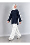 Women's Navy Blue Oversize Modal Fabric Slit Detailed Crew Neck Hijab Tunic - 4
