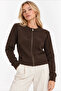 Women's Brown Zippered Crew Neck Patterned Premium Knitwear Cardigan (Size S/M) - 2