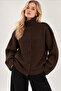 Women's Brown Stand Collar Buttoned Oversize Knitwear Cardigan with Shoulder Epaulettes