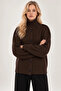 Women's Brown Stand Collar Buttoned Oversize Knitwear Cardigan with Shoulder Epaulettes - 2