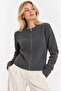 Women's Gray Zippered Crew Neck Patterned Premium Knitwear Cardigan (Size S/M) - 3