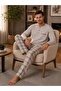 Men's Long Sleeve Three-Button Collar Pocket Detailed Plaid Pattern 100% Cotton Pajama Set