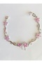 Steel Bracelet - Bracelet with Bow Detail, Pink Stones, Leaves and Flowers