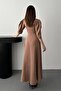 Camel Front Low-Cut Long Dress with Bow Garnish - 5