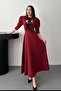 Burgundy Front Low-Cut Long Dress with Bow Garnish - 2
