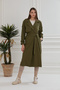 Women's Long Trench Coat with Pocket Details and Belt, Buttoned