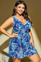 Women's Plus Size Blue Leaf Patterned Adjustable Strap Slit Short Nightgown