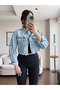 Blue Sleeve Pocket Crop Denim Jacket - 2