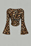 Women's Leopard Print Boat Neck Spanish Sleeve Gathered Long Sleeve Blouse - 2