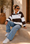 Premium Unisex Brown Striped Heart Printed Polo Collar Sweatshirt with Half Zipper Detail - 5