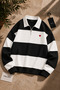 Premium Unisex Black Color Striped Heart Printed Half Zipper Detailed Polo Collar Sweatshirt
