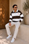 Premium Unisex Brown Striped Heart Printed Polo Collar Sweatshirt with Half Zipper Detail - 4