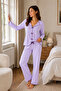 Women's Lilac Cotton Pajama Set Long Sleeve Bowknot Comfortable Home Wear Set - 2