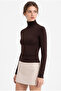 Women's Brown Turtleneck Long Sleeve Premium Soft Modal Cotton Blouse