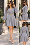 Timeless Elegance - Women's Double-Breasted V-Neck Long Sleeve Gold Chain Buckle Detailed Waist-Fitted Flared Mini Dress - 3
