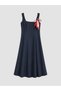 Navy Blue Square Neck A-Line Dress with Scarf Detail - 4