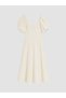 Ecru V-Neck Balloon Sleeve Flared Evening Dress - 4