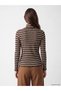 Ecru Mock Neck striped women's bodysuit - 4