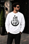 Men's Göktürkçe Turkish Written and Wolf Printed Crew Neck Casual Regular Fit Sweatshirt