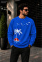 Men's Palm Tree Sun and Bird Illustration Printed Crew Neck Casual Regular Fit Sweatshirt