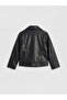 Black Biker Collar Girls' Leather Look Jacket - 3