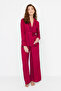 Burgundy Belted Piping Detailed Double Breasted Viscose Woven Pajama Set - 5