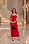 Red Square Collar Thick Strap Stone Detailed Zippered Crepe Fabric Dress - 3