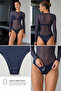 Women's Navy Blue Elastic Tulle Fabric Long Sleeve Crew Neck Bottom Snap Bady Suit Blouse - 5