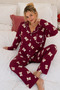 Reported Viscose Buttoned Overlocked Long Sleeve Patterned Pajama Set