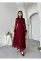 Women's Burgundy Lace Midi Dress with High Collar, Long Sleeves, A-Line, Event Dress - 4