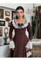 Women's Coffee Lace Collar Bow Brooch Detailed Long Sleeve Flared Midi Dress