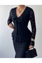 Women's Black Midi Lace V-Neck Bow Detailed Long Sleeve Peplum Dress - 3
