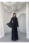 Women's Black Midi Dress Round Neck Chiffon Flounce Long Sleeve A-Line - 7
