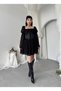 Women's Black Mini Dress with Corsage Detail, Chiffon Sleeves, Lace-Up and Flounces - 4