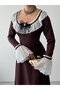 Women's Coffee Lace Collar Bow Brooch Detailed Long Sleeve Flared Midi Dress - 3