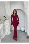 Women's Burgundy Lace Midi Dress V-Neck Long Flounce Sleeves Fitted - 4