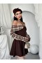 Women's Coffee Mini Dress Strapless Collar Plaid Long Sleeve Flared Cut - 7