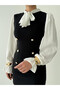 Women's Black Mini Dress with Bow Collar, Balloon Sleeves and Button Detail - 7