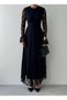 Women's Black Lace Midi Dress High Neck Long Sleeve A-Line Guest Dress - 2