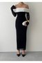 Women's White Evening Dress Boat Neck Floral Applique Draped Tulle Sleeves Midi - 2