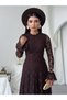 Women's Brown Lace Midi Dress High Neck Long Sleeve A-Line Guest Dress