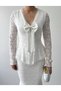 Women's Ecru Midi Lace V-Neck Bow Detailed Long Sleeve Peplum Dress - 3
