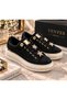 Women's Stoned Star Detailed Lace-Up Thick Sole Sneaker Shoes with Gold Accessories - 8