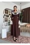 Women's Coffee Lace Collar Bow Brooch Detailed Long Sleeve Flared Midi Dress - 8